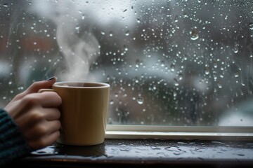 person with a steaming mug by a window on a rainy day