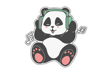 Cute happy panda cartoon listening to music with headset. Chibi character 