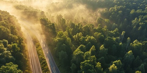 A panoramic view of a highway meandering through a dense, green forest with early morning mist Rays...