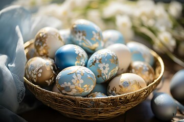 Fototapeta na wymiar A collection of easter eggs beautifully decorated with intricate golden floral patterns nestled within a woven basket