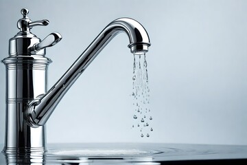 modern, minimalist faucet exhibits a solitary droplet of water as it descends, symbolizing the significance of conservation and responsible water usage