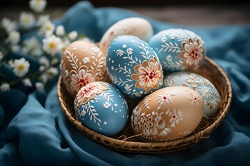 A collection of easter eggs beautifully decorated with intricate golden floral patterns nestled within a woven basket