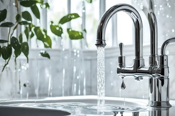 modern, minimalist faucet exhibits a solitary droplet of water as it descends, symbolizing the significance of conservation and responsible water usage
