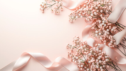 Delicate pink flowers and satin ribbons on a light pink background. Top view, space for text.