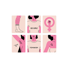 A set of stickers dedicated to feminism. Stylish and vector illustrations for International Women's Day. Badges for women's rights and equality.