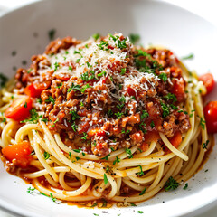 Spaghetti Bolognese, close-up, angle view, ultra realistic food photography