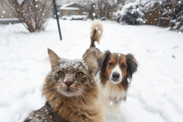 Fototapeta na wymiar cat and dog in the snow, selfie with a wintery background
