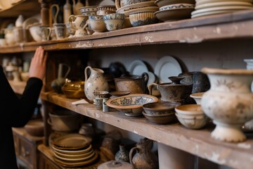 Fototapeta na wymiar person admiring a selection of antique tableware on a shelf