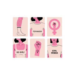Badges for women's rights and equality. A set of stickers dedicated to feminism. Stylish and vector illustrations for International Women's Day. 