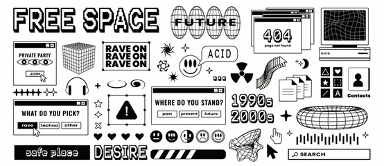 Old computer aestethic elements. Nostalgia for 1990s -2000s. Retro pc user interface in trendy y2k. Vector illustration. Isolated background. Text: Rave on, Future