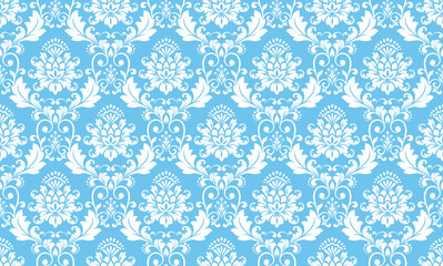 Wallpaper in the style of Baroque. Seamless vector background. White and blue floral ornament. Graphic pattern for fabric, wallpaper, packaging. Ornate Damask flower ornament