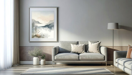 Modern living room with a gray sofa, white pillows, floor lamp, and a framed watercolor mountain landscape painting on a light wallModern home concept.AI generated.