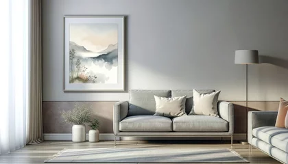 Photo sur Plexiglas Gris foncé Modern living room with a gray sofa, white pillows, floor lamp, and a framed watercolor mountain landscape painting on a light wallModern home concept.AI generated.