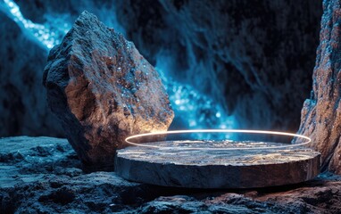 Empty round natural stone podium with orange light ring in rock cave blue atmosphere background. 3D product showcase with natural stone