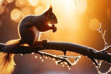 backlit squirrel on limb with hazelnut in evening - obrazy, fototapety, plakaty