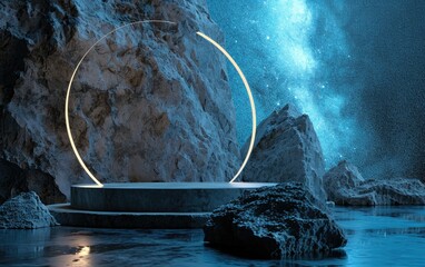 Empty round podium pedestal display natural rock decoration with standing blue ring light and amazing milky way sky background