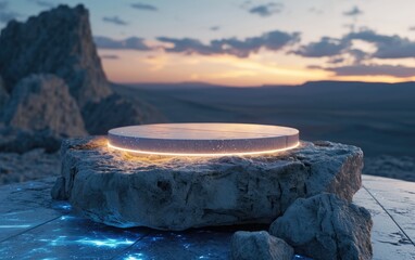 Sunset scene with empty round podium granite orange ring light for display or product showcase with natural stone
