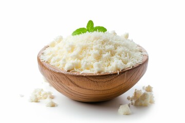 Grated mozzarella cheese in a bowl separate on white