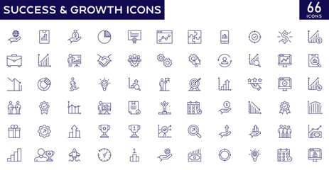 Fototapeta na wymiar Success & Growth icons set with fully editable stroke thin line vector illustration with process goals, target, planning, business, development, leadership, improvement, chart, increase, performance