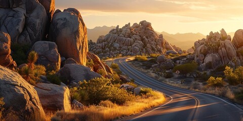 A highway winding through a landscape of giant boulders and unique rock formations at sunrise