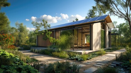 Fototapeta na wymiar Modern Eco-Friendly Home with Solar Panels and Greenery.