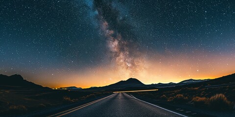 A highway under a sky full of stars, with a mountain range silhouette in the distance and the first light of dawn approaching - obrazy, fototapety, plakaty