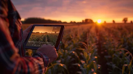 Papier Peint photo autocollant Rouge violet Farmer is Holding a Digital Tablet in a Farm Field
