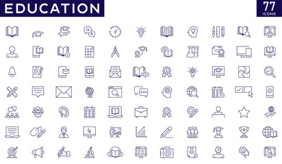 Education icons set with fully editable stroke thin line vector illustration with learning, school, success, subjects, education, academic, college, university, study, books, students, e-learning