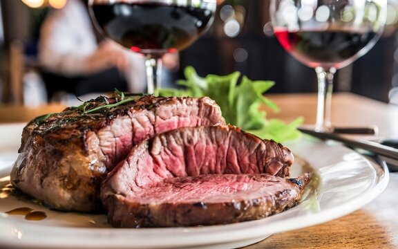 Beef tenderloin steak on white plate and red wine in pub or restaurant.
