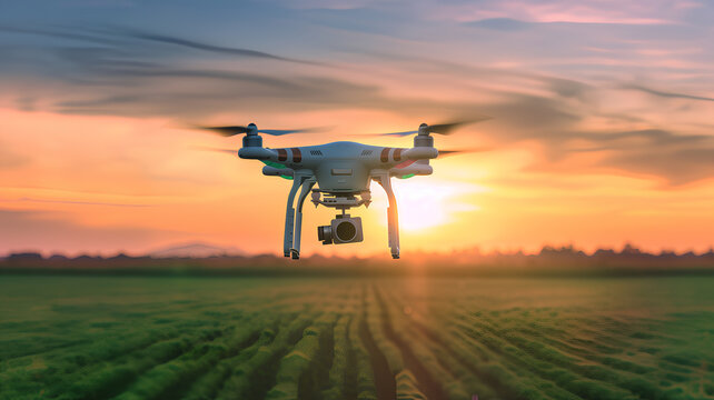 A modern quadcopter drone with a camera hovering above a lush green field against a vivid sunset backdrop.
