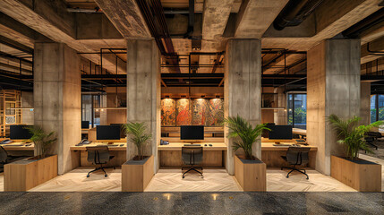 Sleek corporate workspace, modern office interior with stylish furniture and panoramic city views