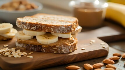 Fototapeta na wymiar Vegan almond butter and banana sandwich 