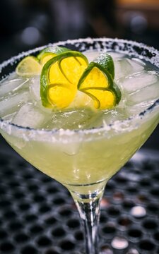 Cocktail drink frozen margarita at barcounter in night club or restaurant.