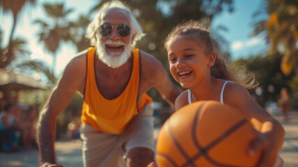 Grandfather and granddaughter playing basketball - obrazy, fototapety, plakaty