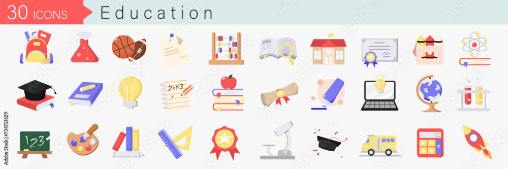 Poster set vector icons in flat design education, school and university with elements for mobile concepts a