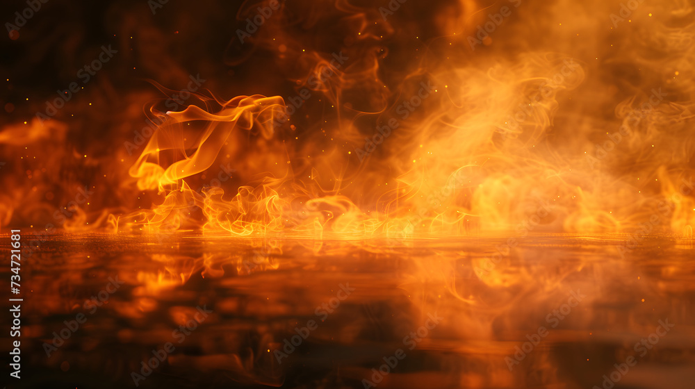 Aufkleber an empty textbox background with fire on a reflective surface and dark glowing background