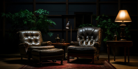 Dark Ambient Setting: Wooden Table and Lamp on Dark Background