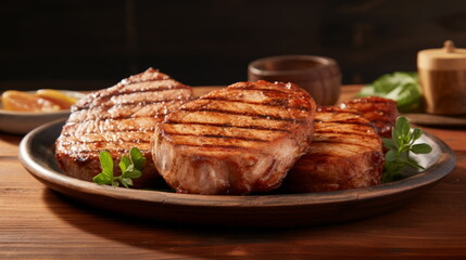 perfectly grilled pork chops resting on a rustic wooden board, accompanied by fresh parsley and a side salad, ready to be enjoyed