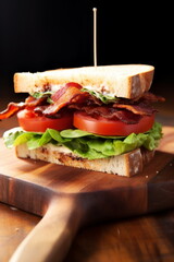 Hearty BLT Sandwich on Wood - Toasted bread with bacon, lettuce, and tomato slice