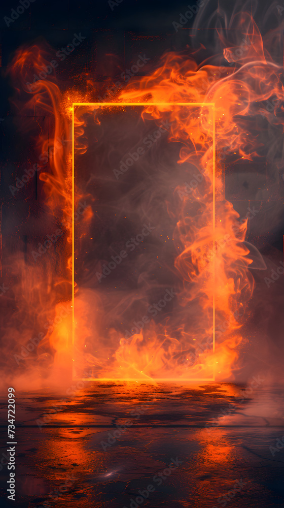 Aufkleber an empty textbox background with magical orange smoke corners on a dark glowing background