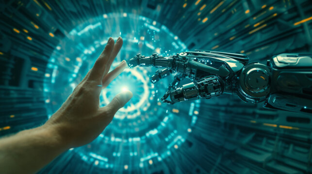 A human hand with a digital wireframe reaching out to a dynamic, glowing holographic interface in a high-tech environment.