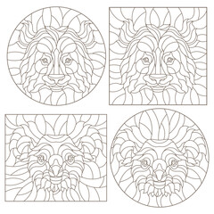 A set of contour illustrations in the style of stained glass with portraits of pandas and koalas, dark contours on a white background