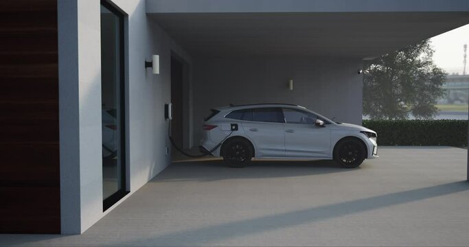 Home charging station provides an eco-friendly sustainable power supply for generic EV cars. Progressive concept for future green energy storage for electric vehicles. 3D animation
