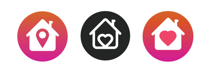 Home sweet icon logo vector, line outline house graphic with rental map pin pointer travel location graphic illustration set, support love heart place real estate, favourite hotel sign image clipart
