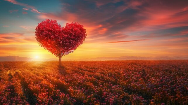 Heart-shaped tree growing on a flowery plain, bathed in the warm glow of the setting sun
