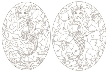 Set of contour illustrations of stained glass Windows with mermaids, dark contours on a white background