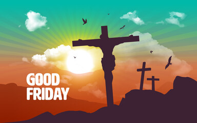 Good Friday background, it is finished text banner with Cross, crucifix on hill and bird flying at going sunset for good friday, vector design illustration