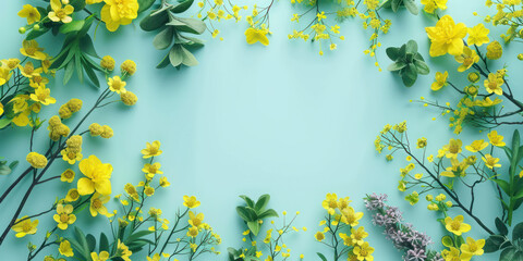 Top view spring flowers on blue background, Flat lay minimal