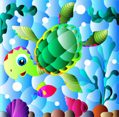 Fototapeta na wymiar Illustration in the style of stained glass with bright cartoon turtle on the background of the sea floor, fish and water