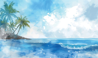 Fototapeta na wymiar watercolor beach with palm trees